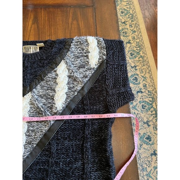 Vintage Front Line Chunky Cable Knit Crew Neck Sweater Leather Trim 80s Medium - Picture 5 of 6